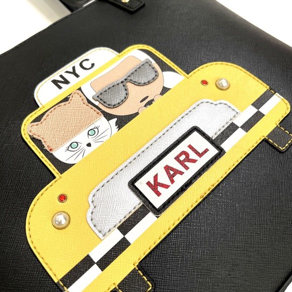NWT $230 Karl Lagerfeld Paris Maybelle NYC Taxi Tote Bag – Black Faux Leather - Picture 4 of 11